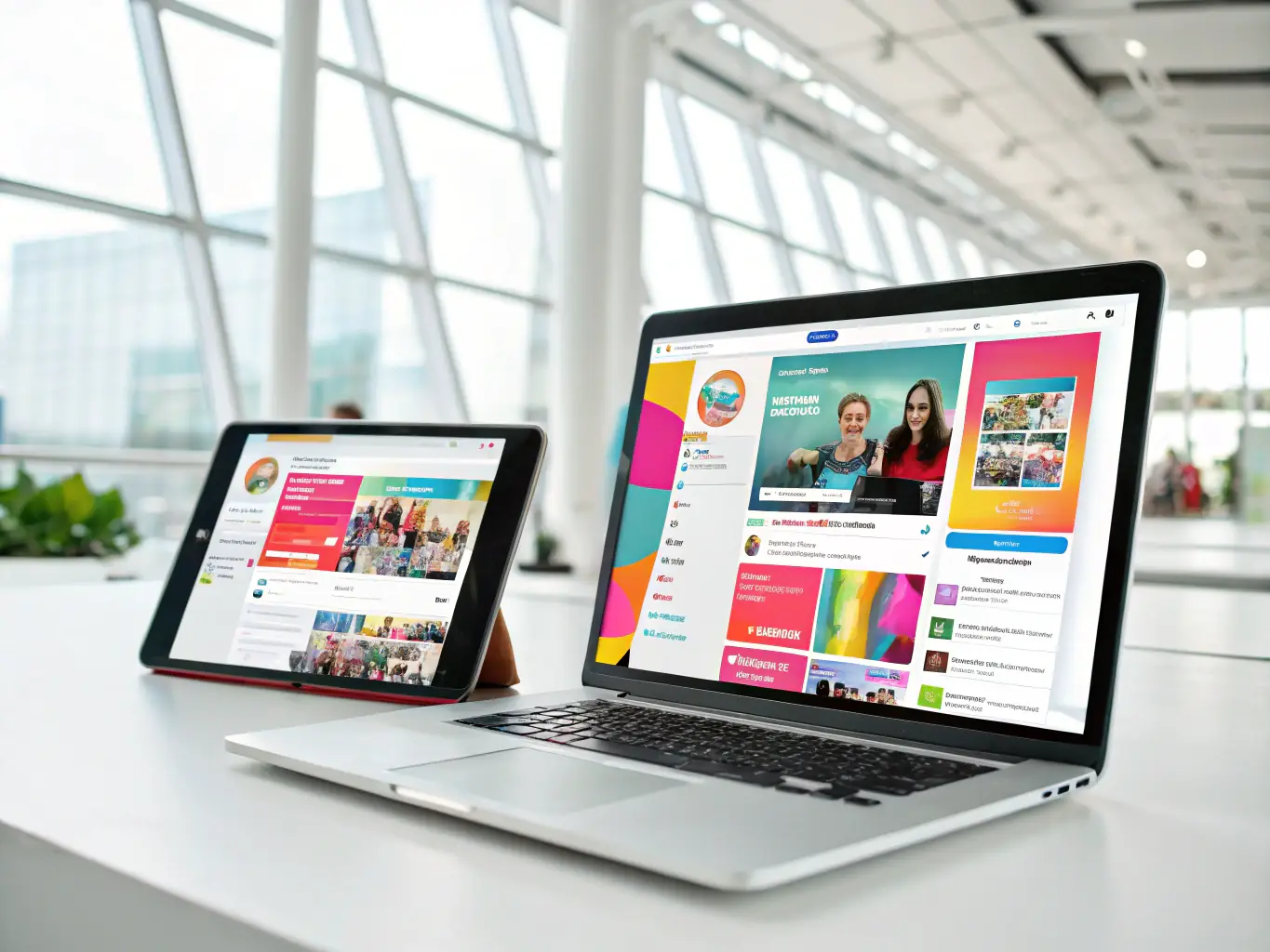 A vibrant digital marketing campaign image showcasing various online platforms and devices, symbolizing comprehensive digital strategies.