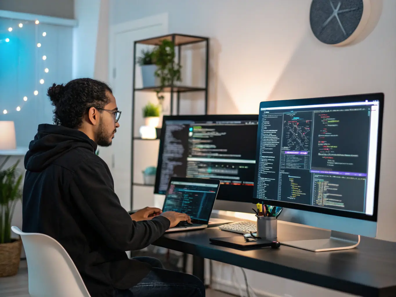 A professional photograph of a data scientist analyzing data on a computer screen, surrounded by multiple monitors displaying code and data visualizations. The setting is a modern office environment, emphasizing the expertise and technology involved in data analysis.