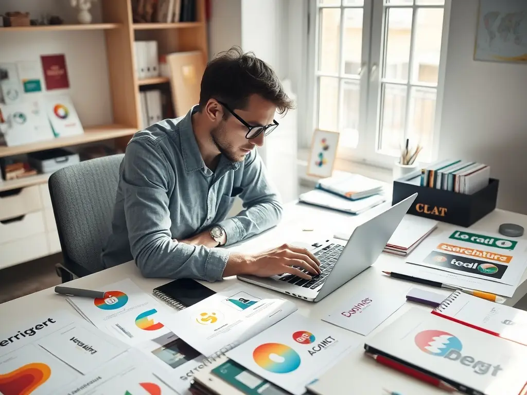 A professional brand development image showcasing a company logo, color palette, and brand guidelines, symbolizing strategic brand building.